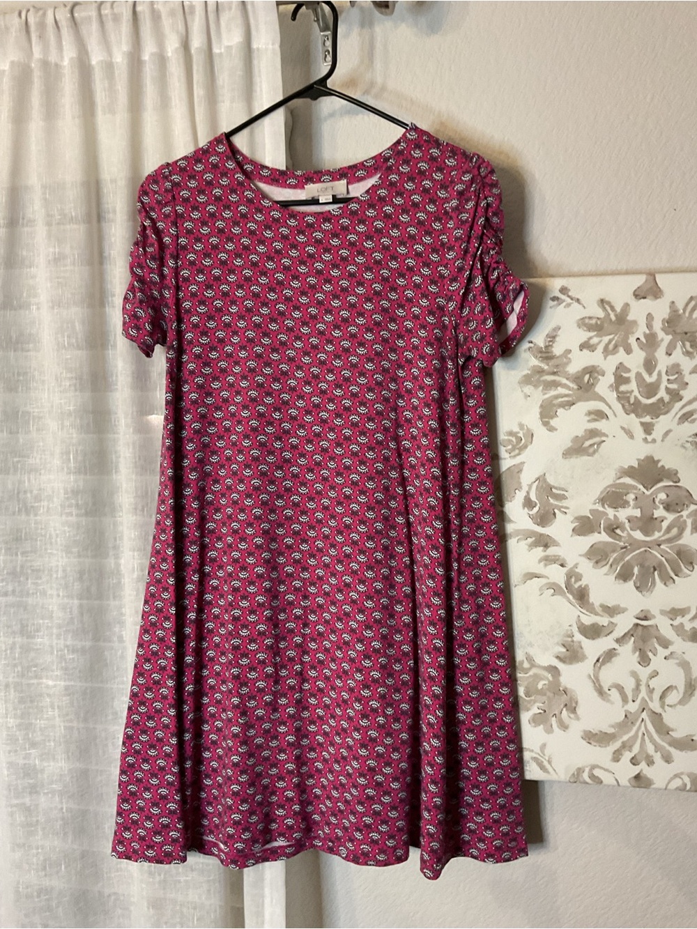 LOFT Fuchsia Floral-Print Short Sleeve Swing Dress